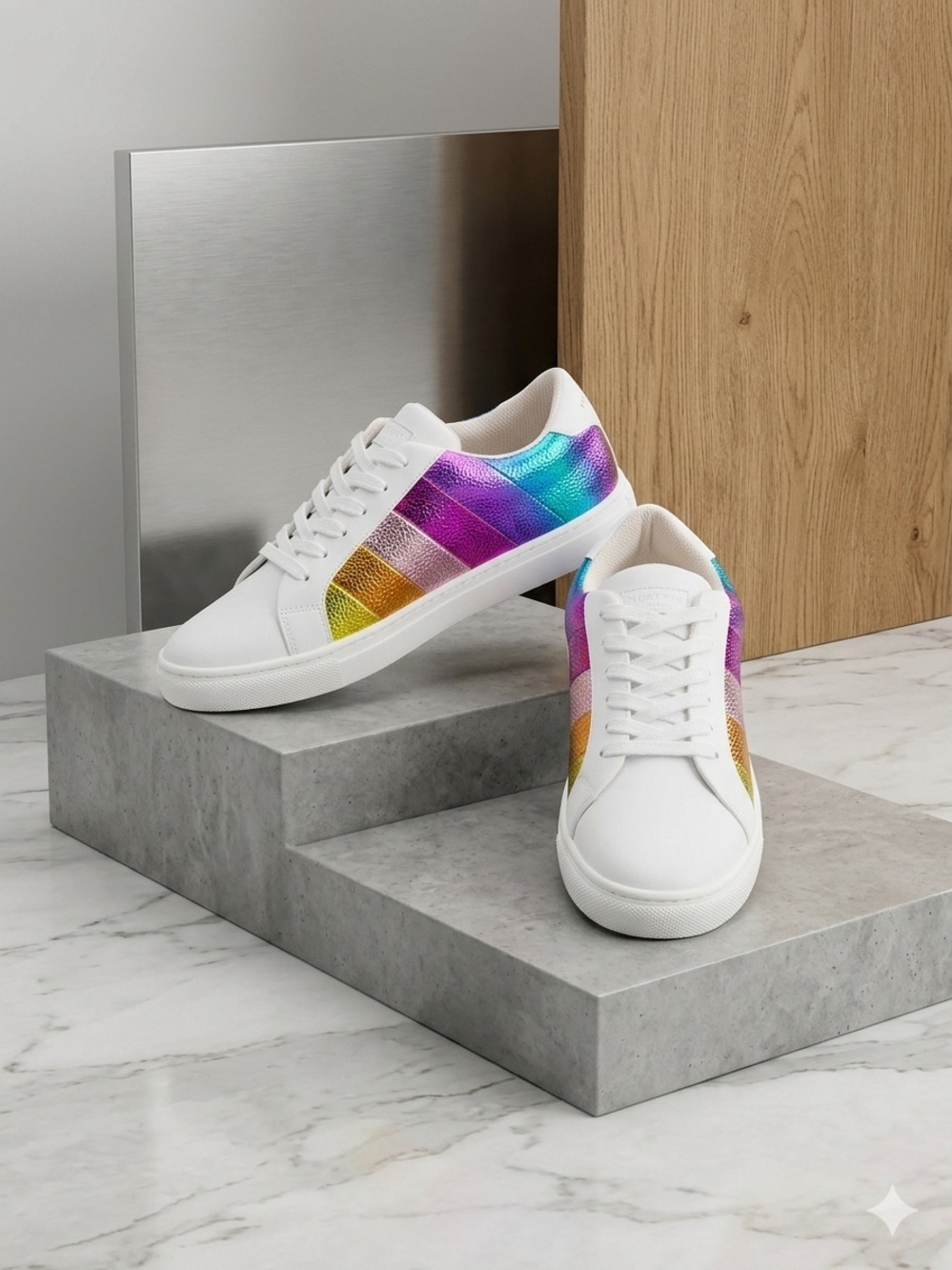 White Low-Top Sneakers with Rainbow Metallic Panels